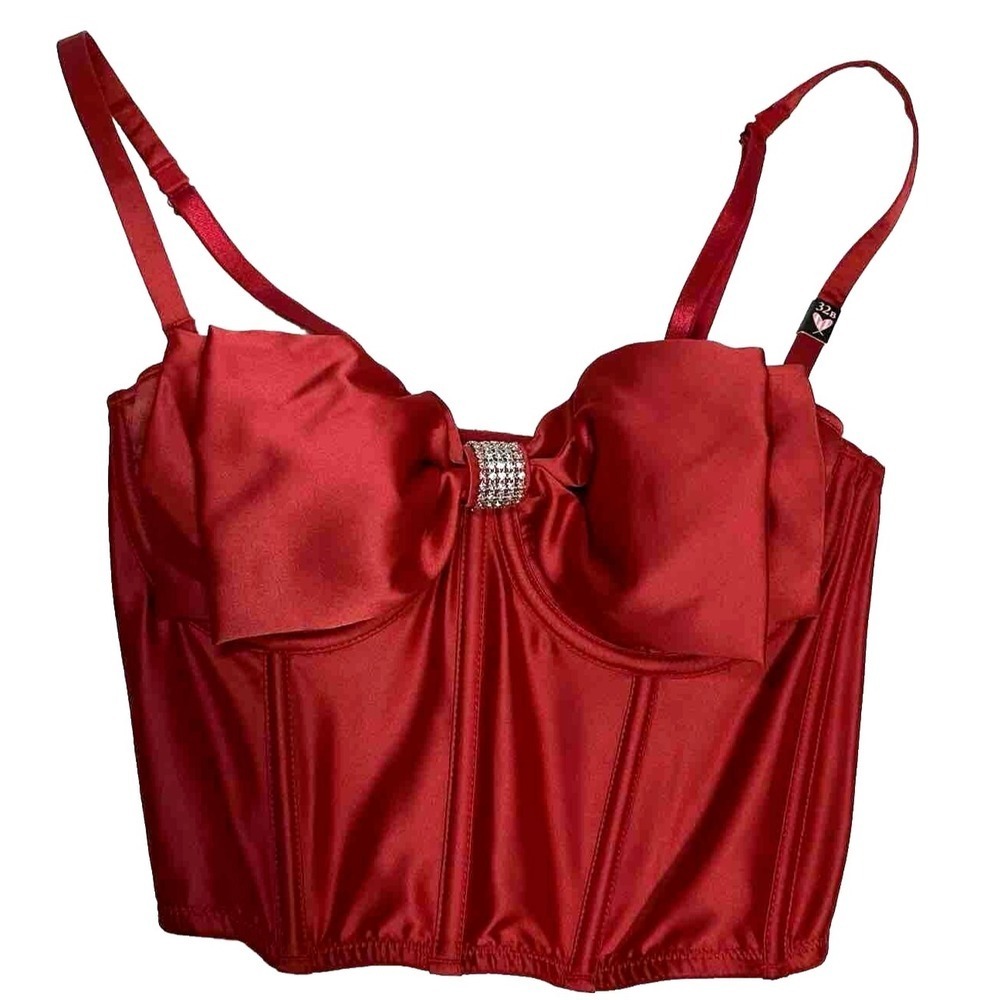 Victoria's Secret Dream Angels Cupped Bow Corset Bra Women's 32B Red Satin